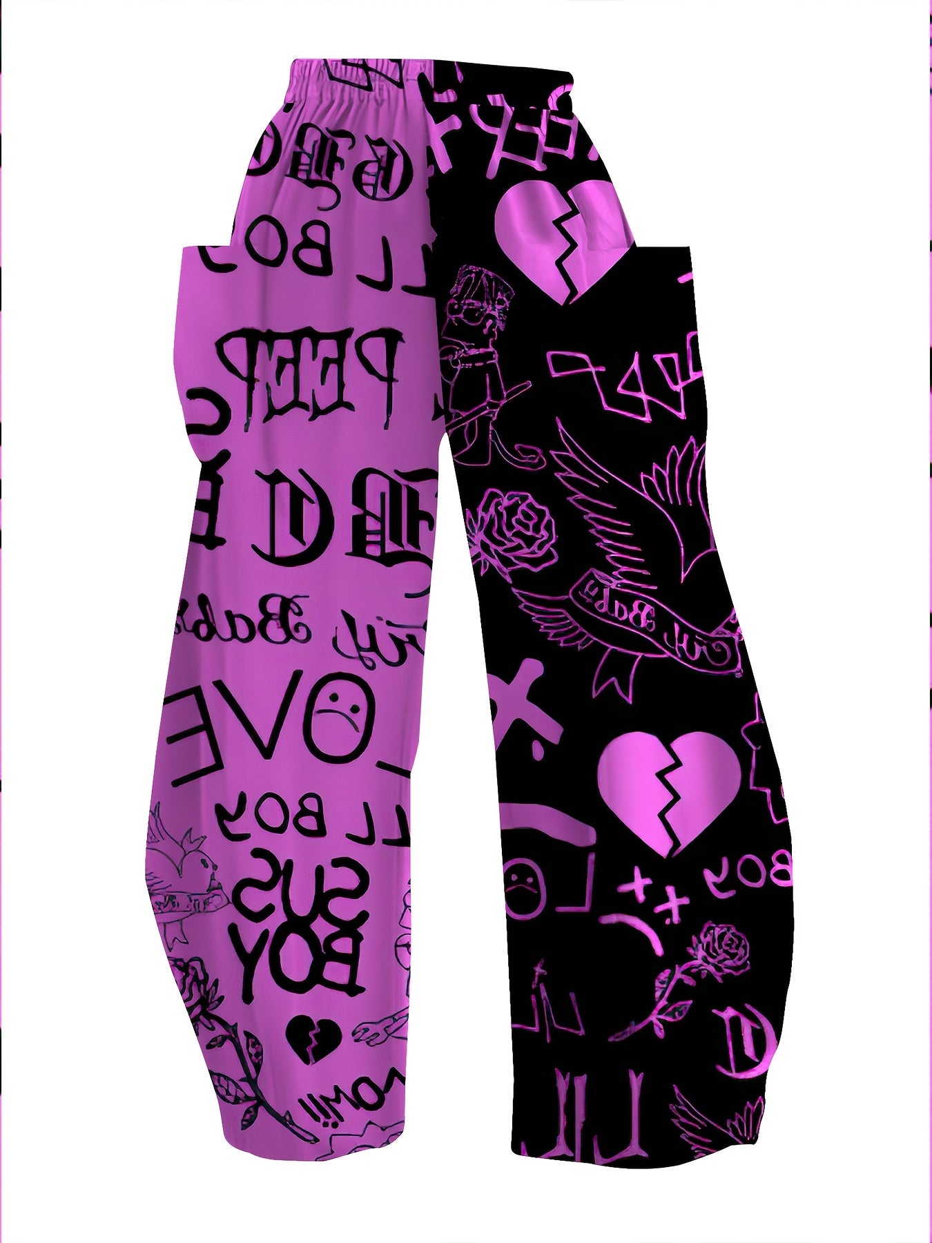 Women'S High-Waisted Casual Palazzos, 3D Heart & Letter Print, All-Over Pattern, Loose Fit, Wide Leg, Long Length, Non-Stretch Polyester, 120g/m², Woven Fabric, All-Season, with Pockets, Trendy Dance & Sport Style